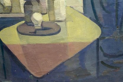 White rounded object on yellow pink triangle in Oil painting Workshop