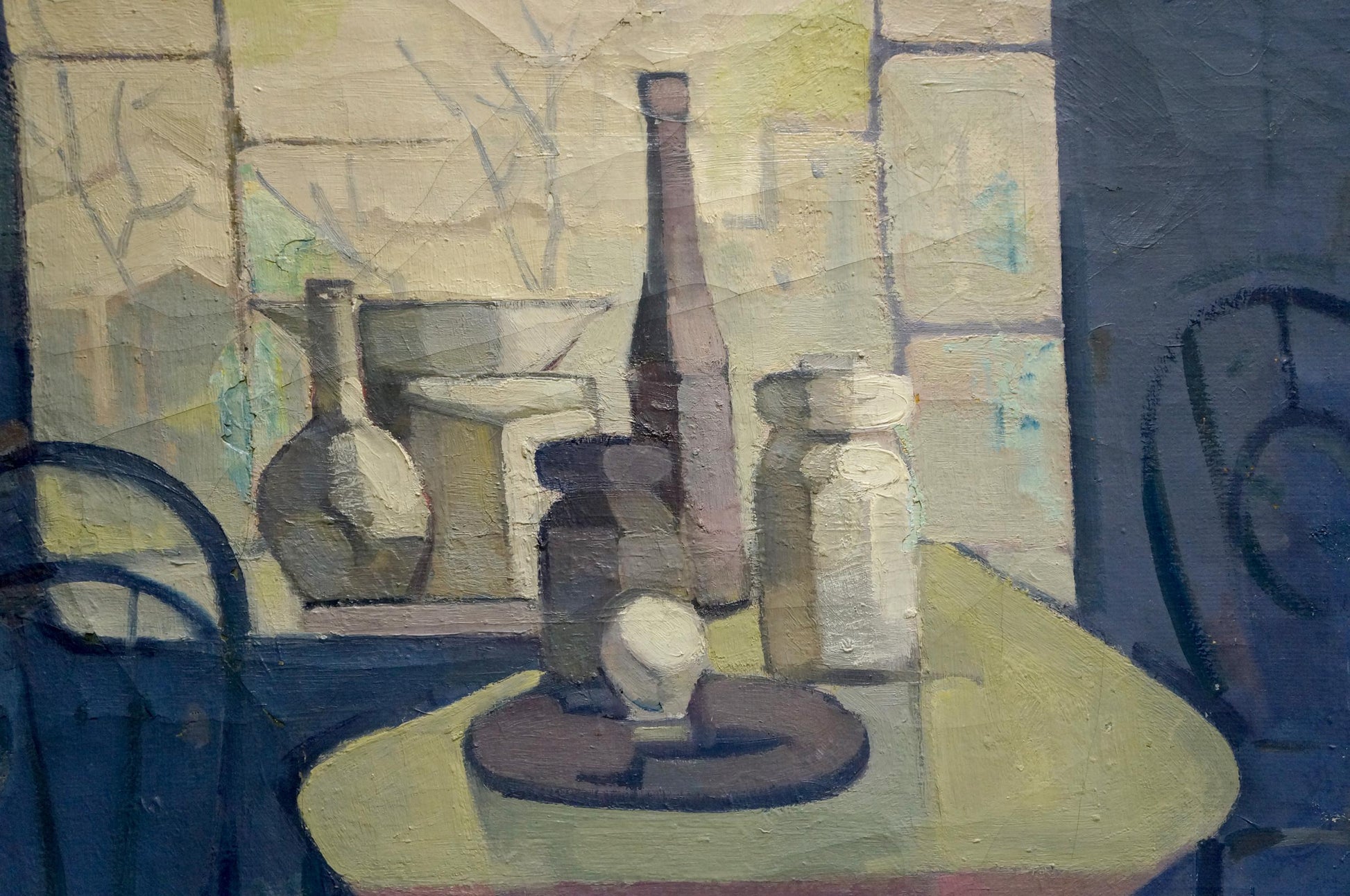 Oil painting workshop: tall slender brown glass bottle on yellow table