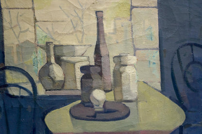 Oil painting workshop: tall slender brown glass bottle on yellow table