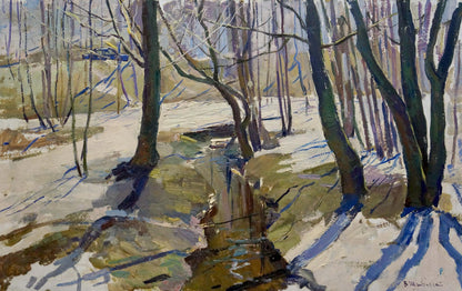 Oil painting Stream in the forest by Shepetovsky Vitaly Yakovlevich snowy scene