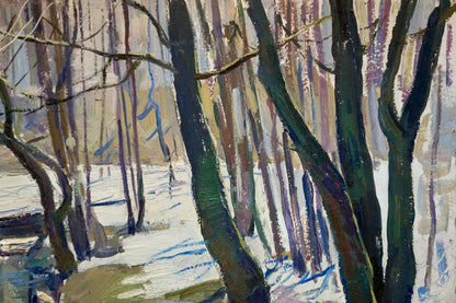Oil painting Stream in the forest by Shepetovsky Vitaly Yakovlevich snowy scene