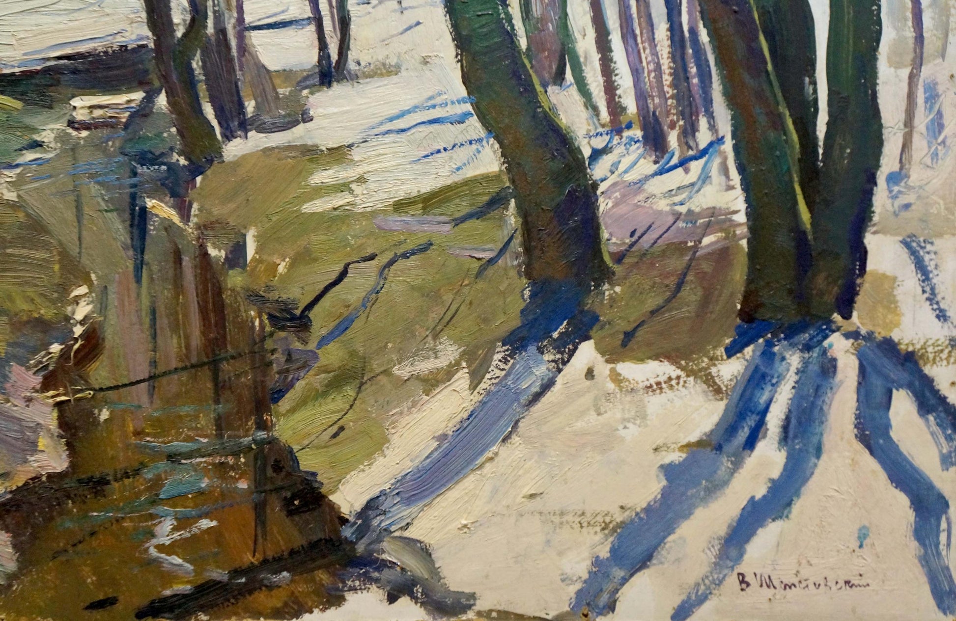 Impressionistic oil painting of snowy forest stream by Shepetovsky Vitaly Yakovlevich