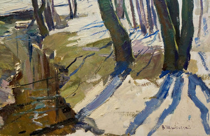 Impressionistic oil painting of snowy forest stream by Shepetovsky Vitaly Yakovlevich