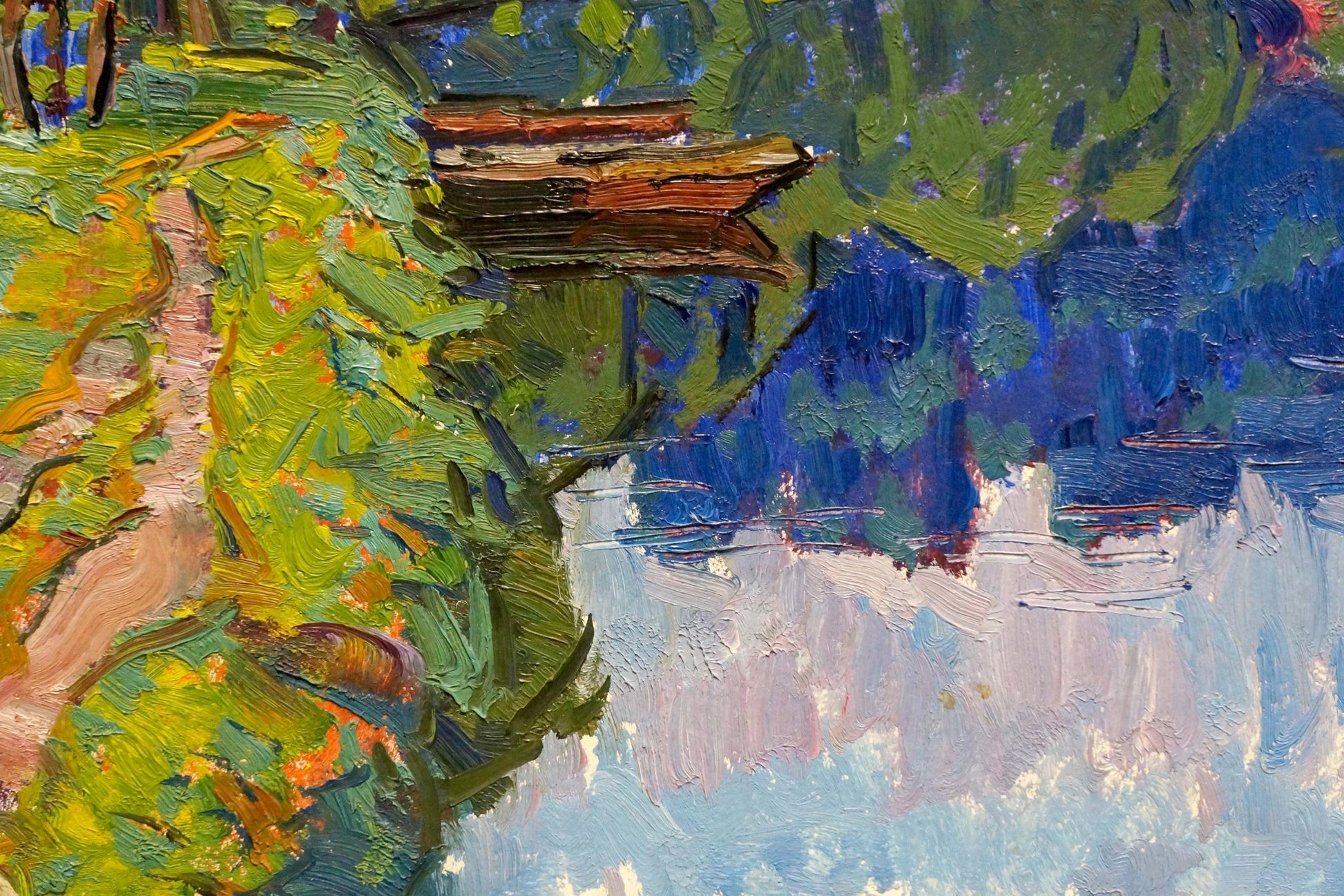 Vibrant impressionist oil painting by Chegodar Vasily Dmitrievich of boat on lush foliage by blue water