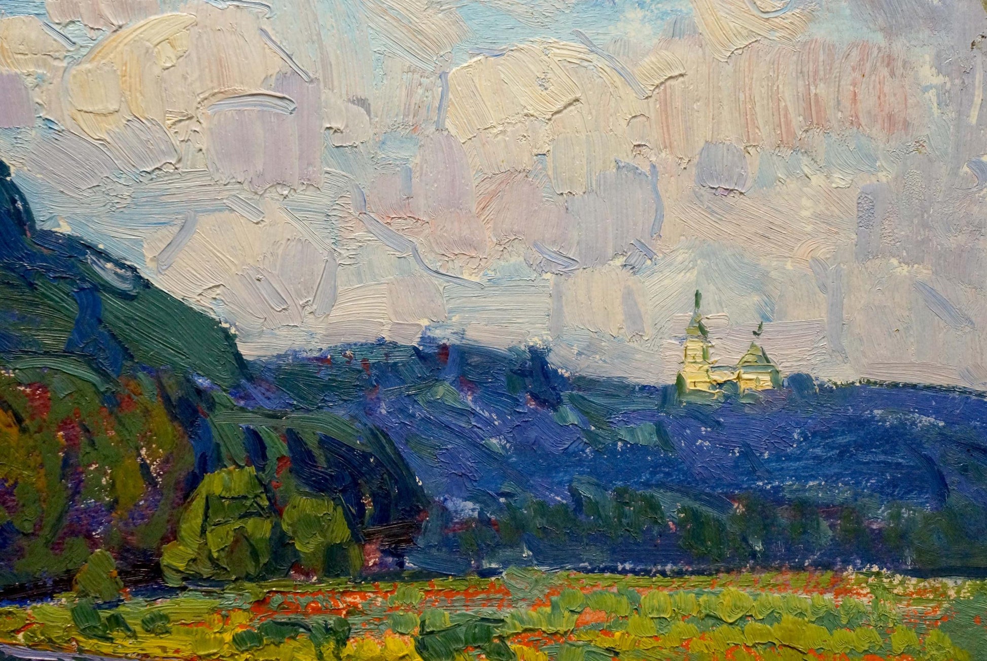 Oil painting by Chegodar Vasily Dmitrievich: golden-domed church in hills