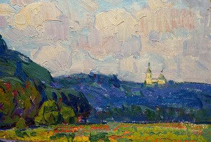 Oil painting by Chegodar Vasily Dmitrievich: golden-domed church in hills