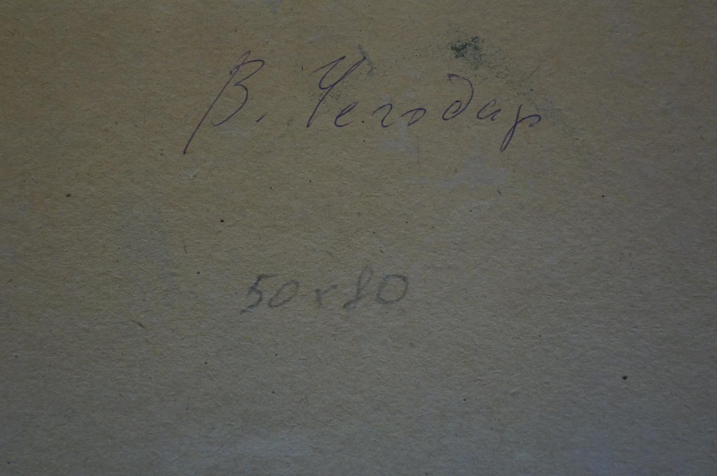 Back of Chegodar Vasily Dmitrievich oil painting with handwritten signature and dimensions on textured paper