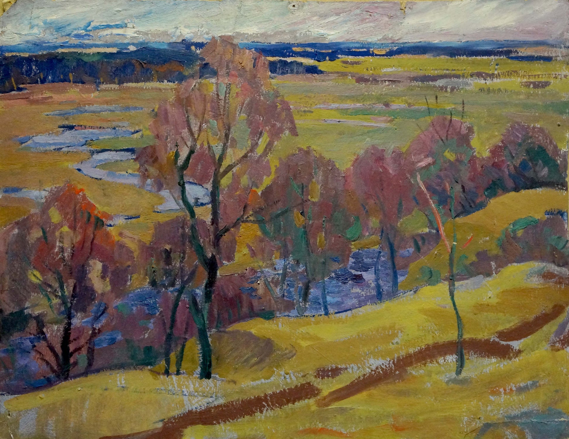 Oil painting It’s a Nasty Day by Scriabin Petr Dmitrievich, vibrant pink orange trees