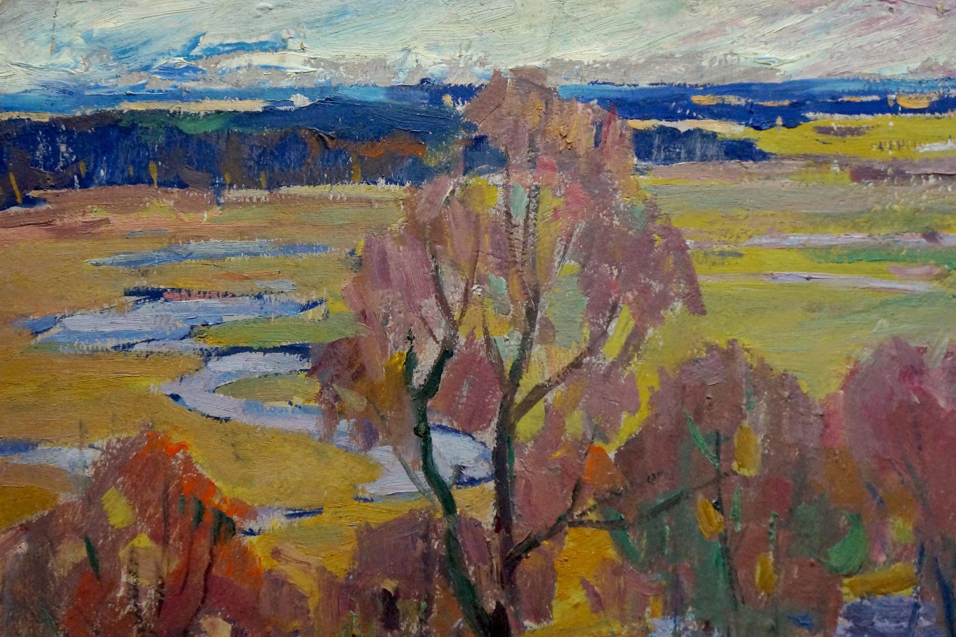 Oil painting Its a nasty day by Scriabin Petr Dmitrievich: autumn trees in pink orange foliage over yellow fields blue water