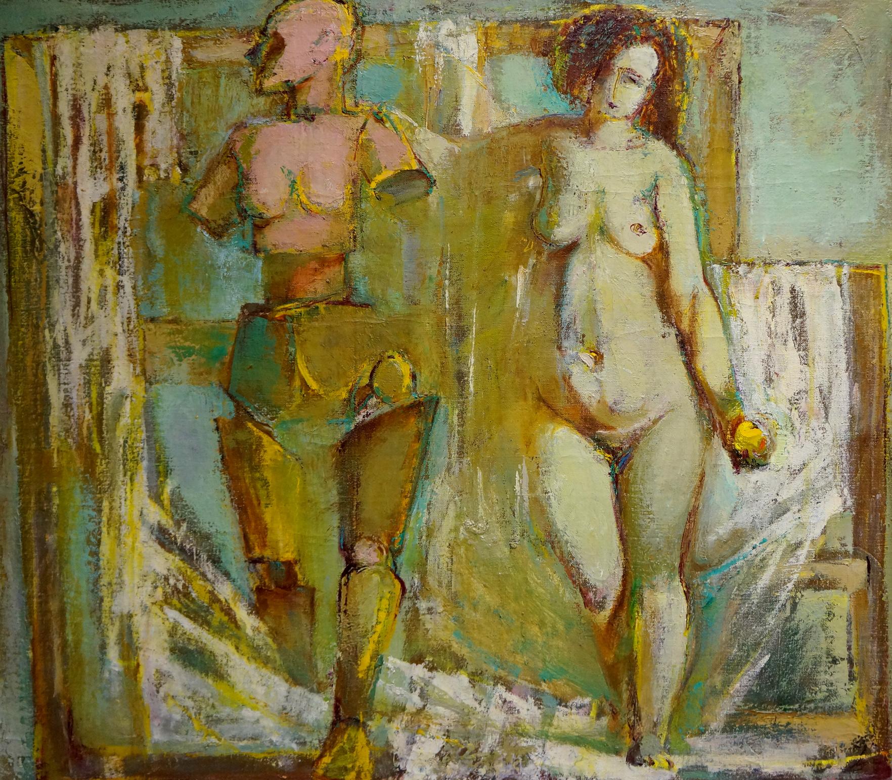 Abstract oil painting of female figure by Elena Shchekina in beige tones