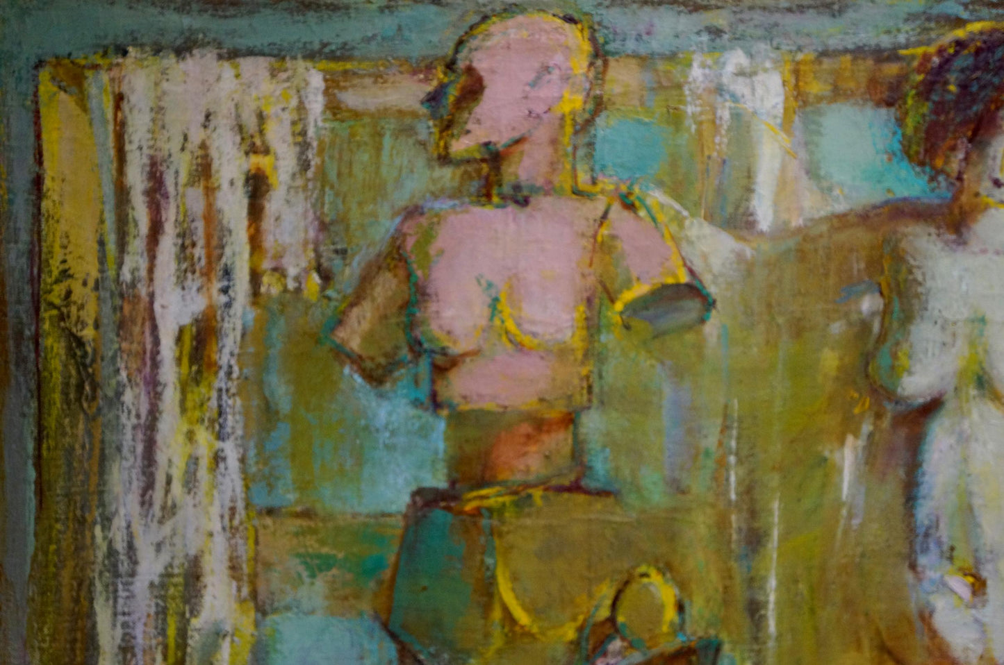 Abstract pink oil painting portrait of female figure by Elena Shchekina
