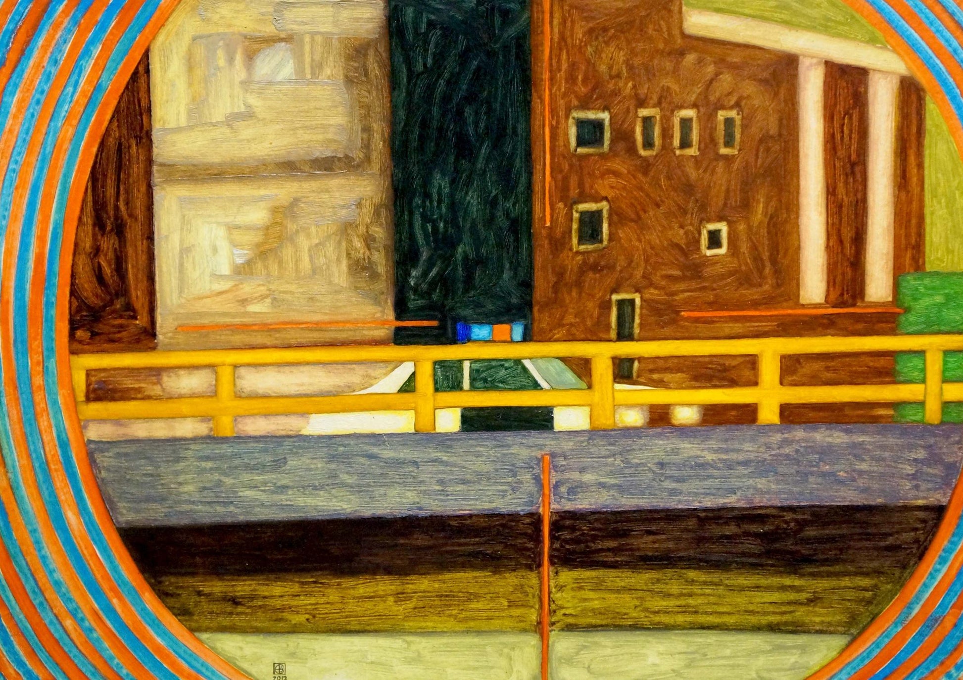 Abstract oil painting Care by Pitsykevych Eugene with stylized buildings