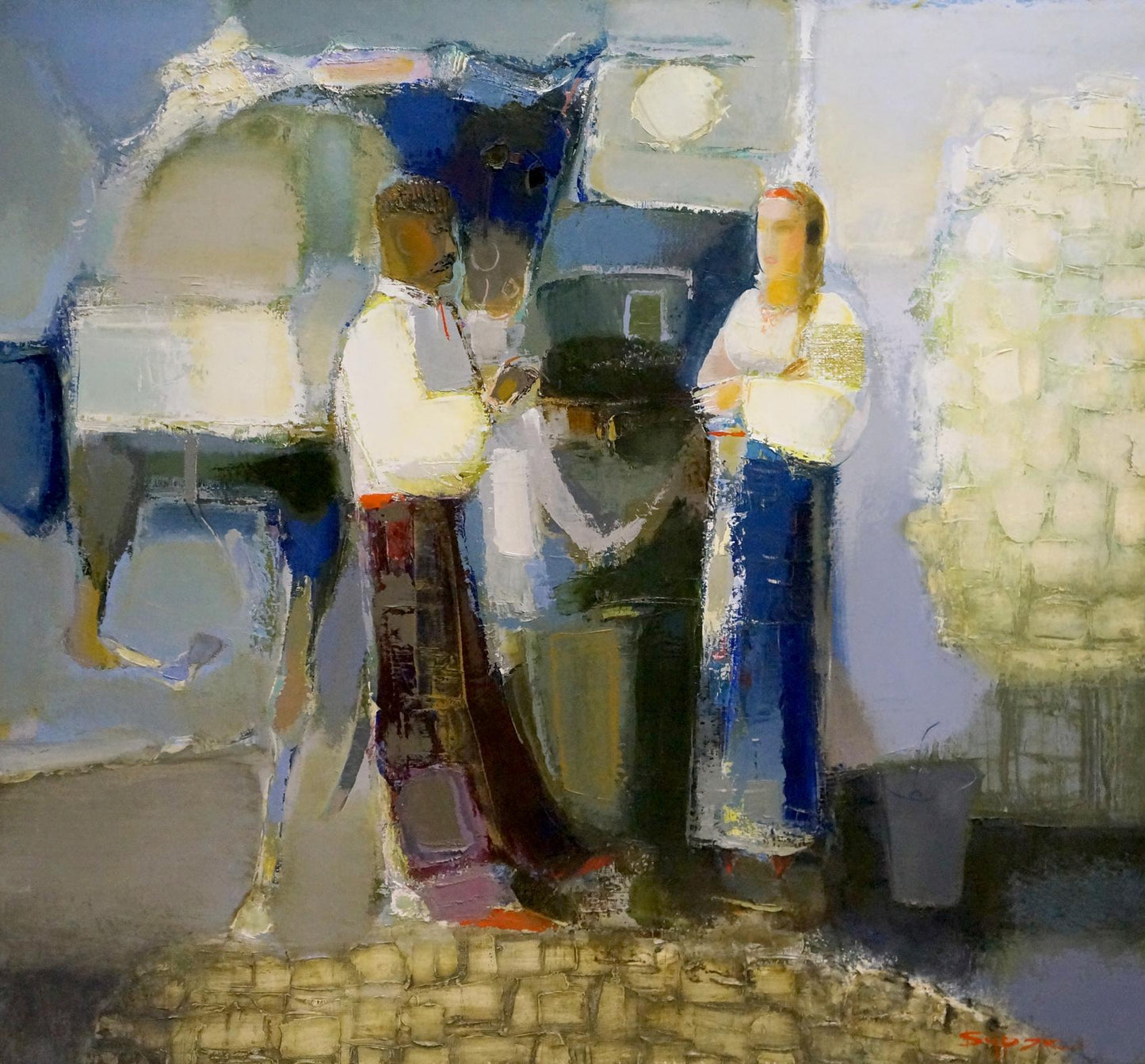 Oil painting A meeting by Buryak Boris Ivanovich, abstract figures in blues