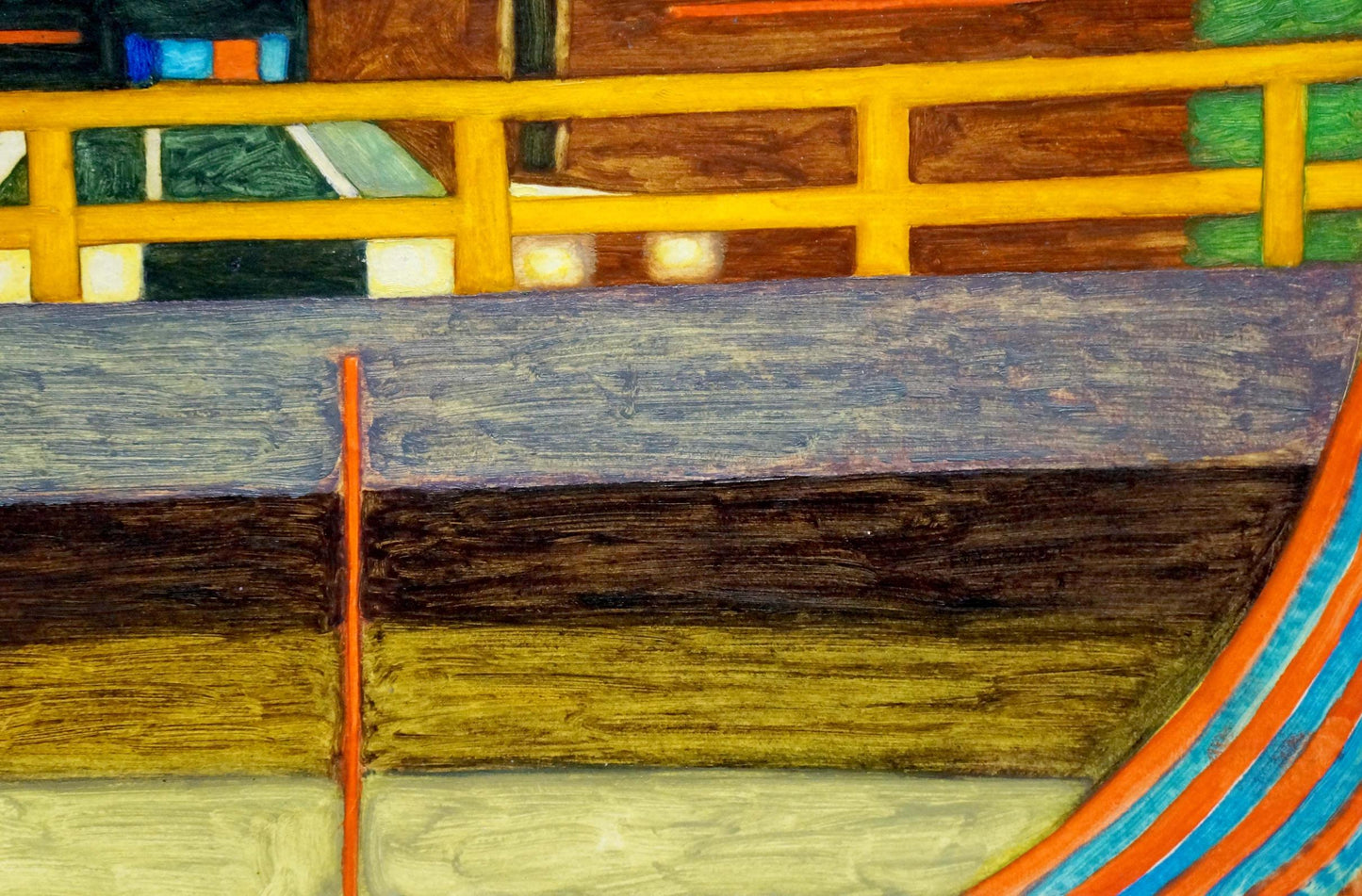 Abstract oil painting of painted wooden boat with yellow railing by Care Pitsykevych Eugene