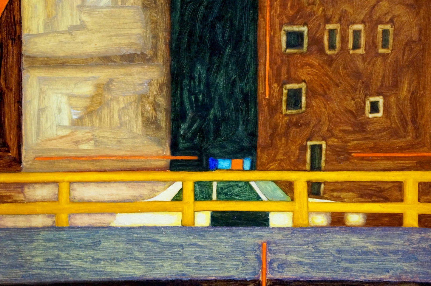 Vibrant yellow railing in abstract oil painting Care by Pitsykevych Eugene