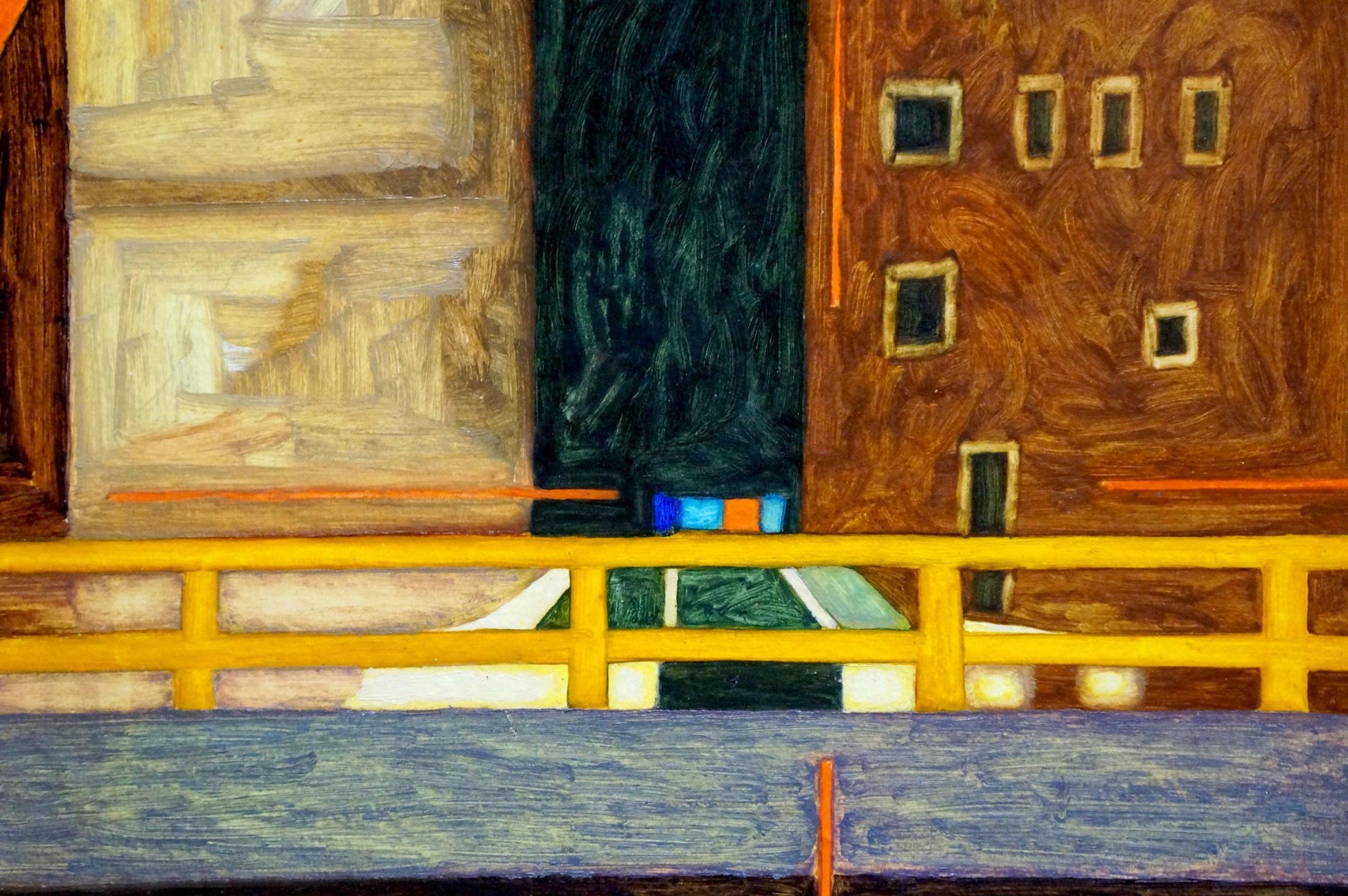 Vibrant yellow railing in abstract oil painting Care by Pitsykevych Eugene