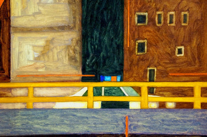 Vibrant yellow railing in abstract oil painting Care by Pitsykevych Eugene
