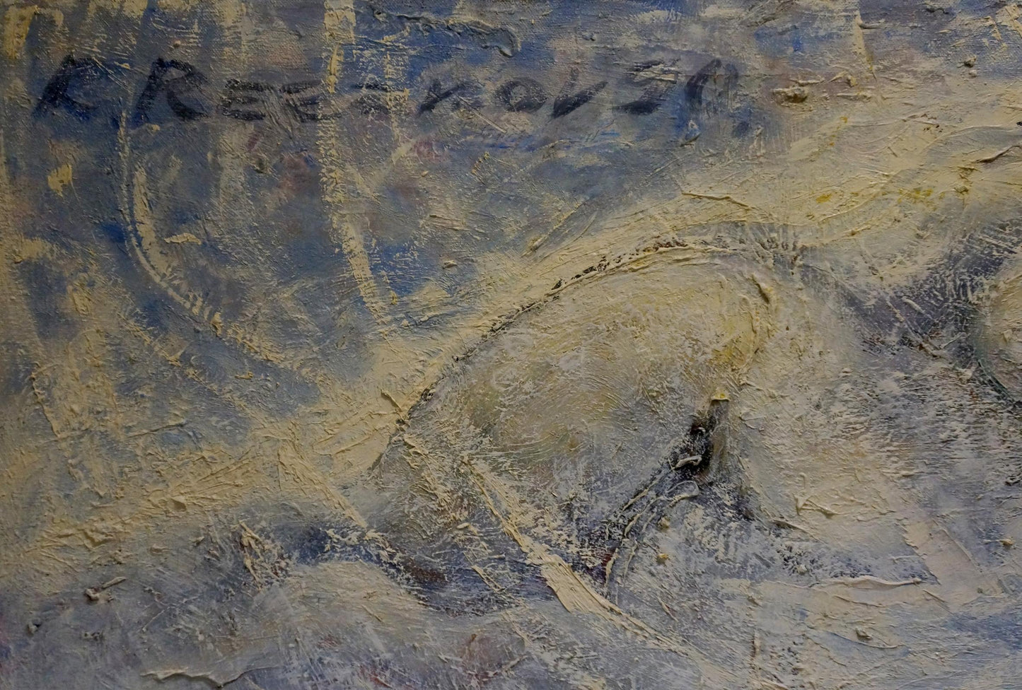 Textured impasto oil portrait of female figure Resakov in blues, yellows, grays