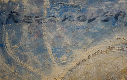 Oil painting portrait of female figure Resakov on blue beige textured canvas