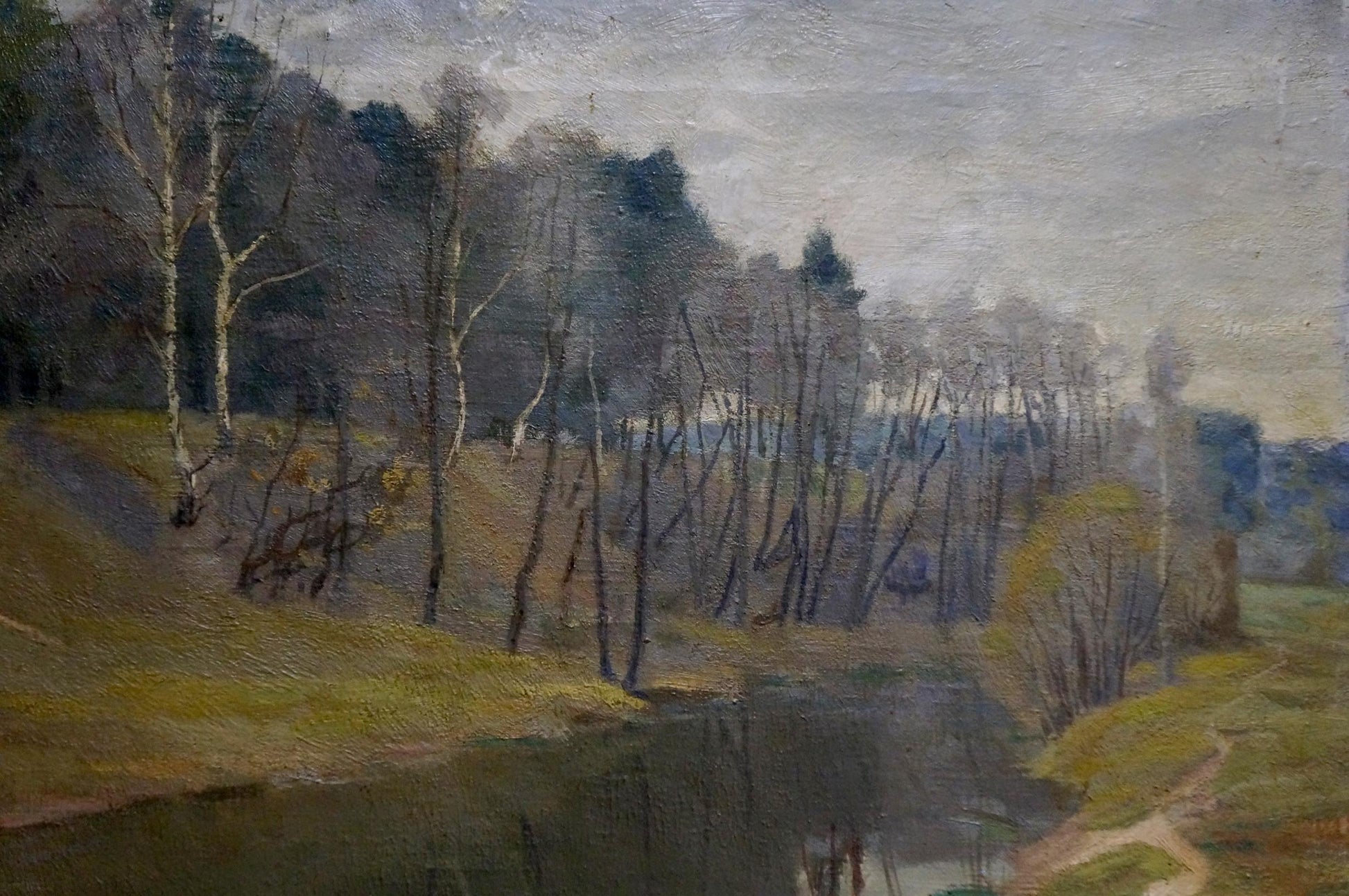 Oil painting landscape by Konstantinov Victor Sergeevich: bare trees on riverbank
