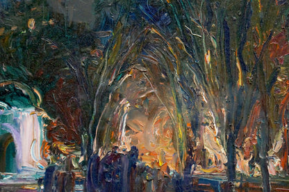 Vibrant Klimenko oil painting of night landscape with glowing trees