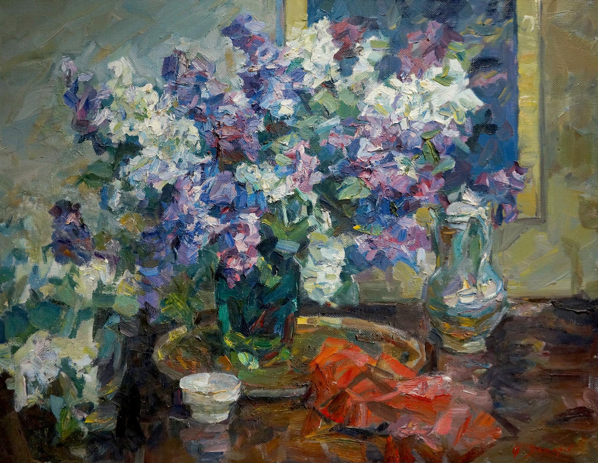 Oil painting of vibrant lilac bouquet in green vase by Fedor Zakharovich Zakharov