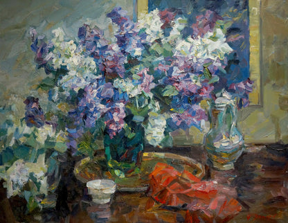 Oil painting of vibrant lilac bouquet in green vase by Fedor Zakharovich Zakharov
