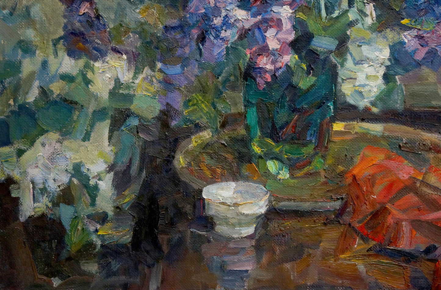 Oil painting Lilac by Zakharov Fedor Zakharovich in white ceramic bowl with gold rim on wood