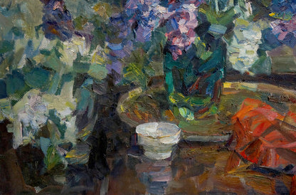 Oil painting Lilac by Zakharov Fedor Zakharovich in white ceramic bowl with gold rim on wood