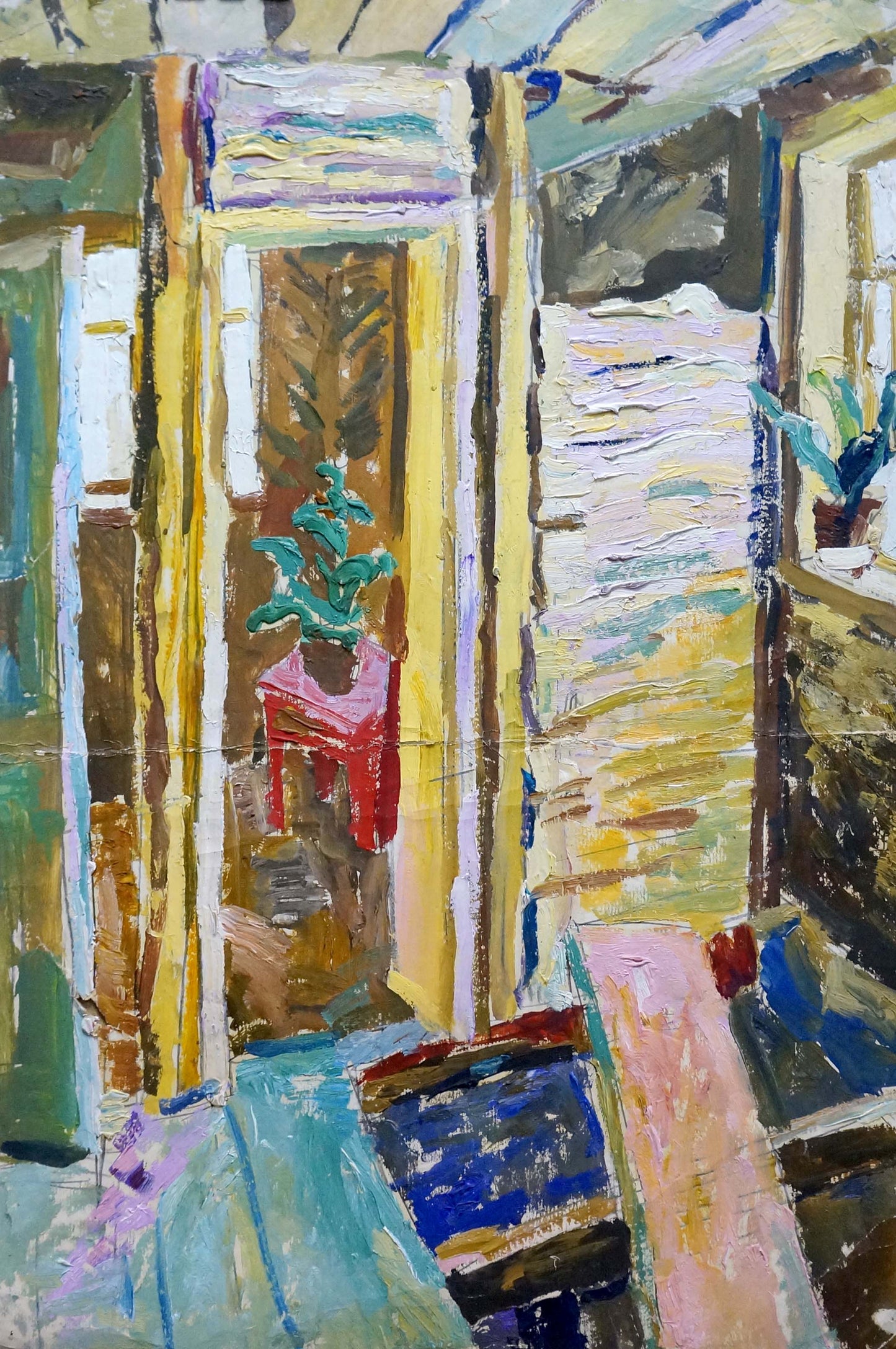 Vibrant impressionistic oil painting by Petr Kuzmich Stolyarenko: Terrace hallway with potted plant on red table