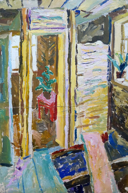 Vibrant impressionistic oil painting by Petr Kuzmich Stolyarenko: Terrace hallway with potted plant on red table
