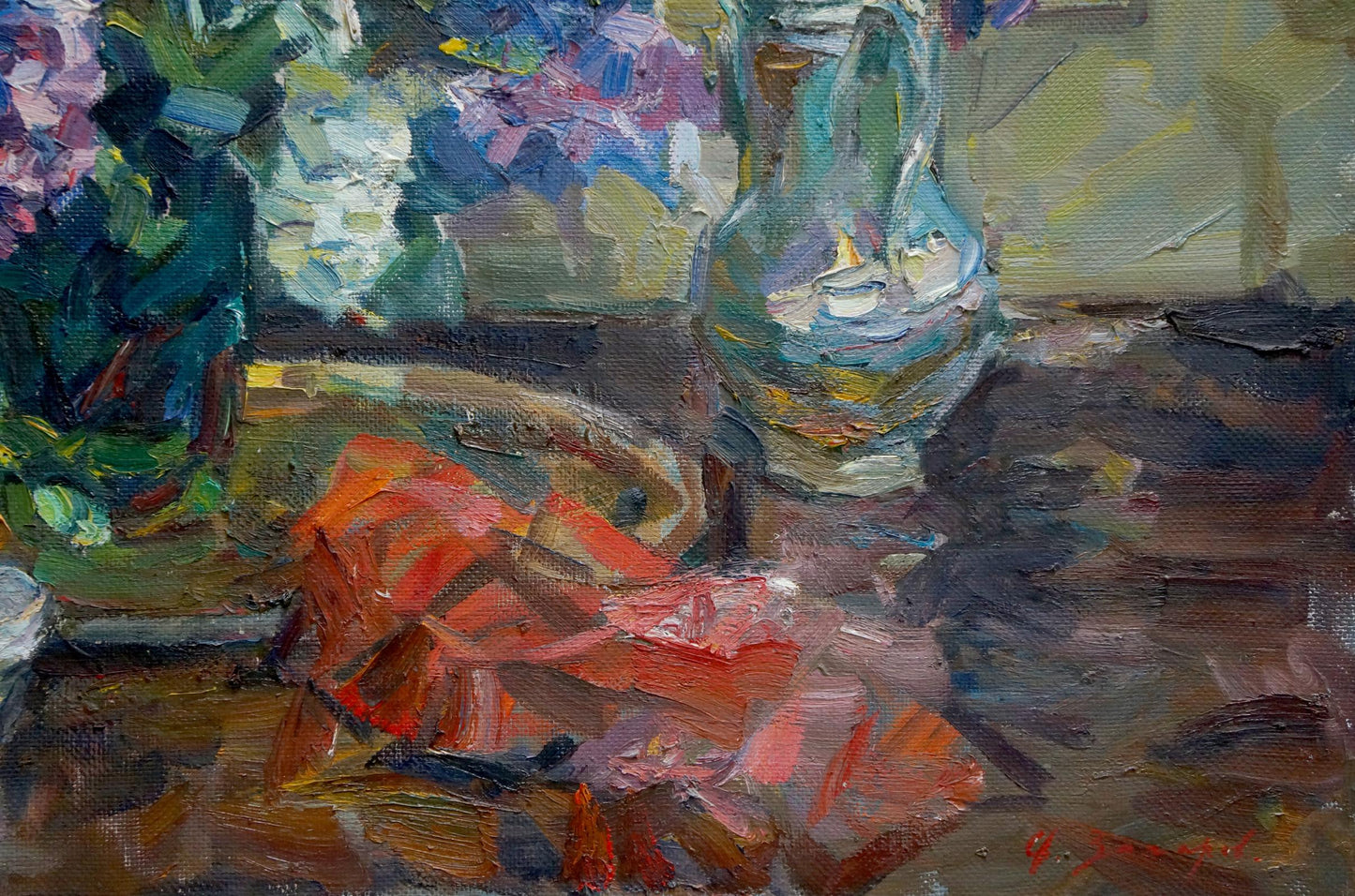 Translucent teal glass vase with white flowers in Lilac Zakharov Fedor Zakharovich oil painting