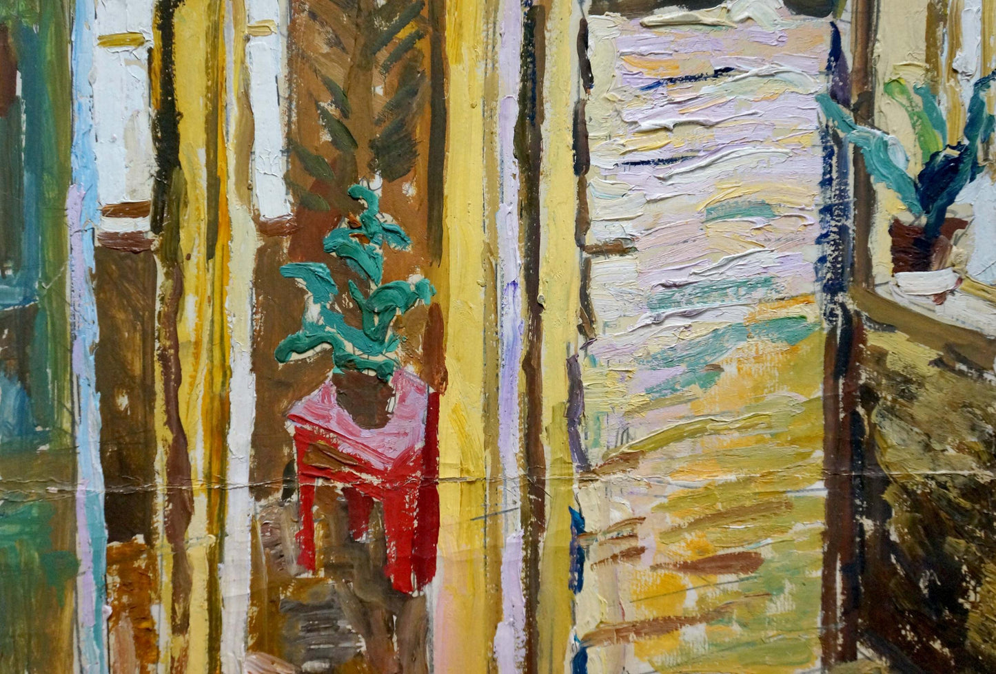 Oil painting of vibrant green potted plant on red table by Petr Kuzmich Stolyarenko