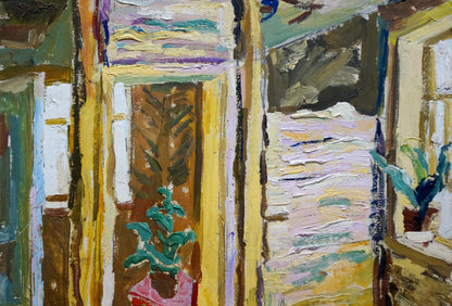 Vibrant green potted plant in red pot by doorway in Terrace oil painting by Petr Kuzmich Stolyarenko
