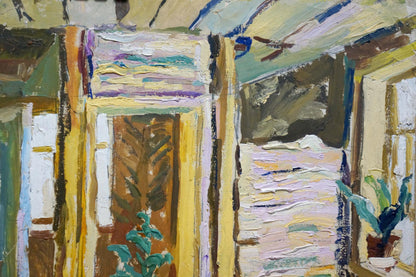 Oil painting Terrace by Petr Kuzmich Stolyarenko with yellow green walls plants