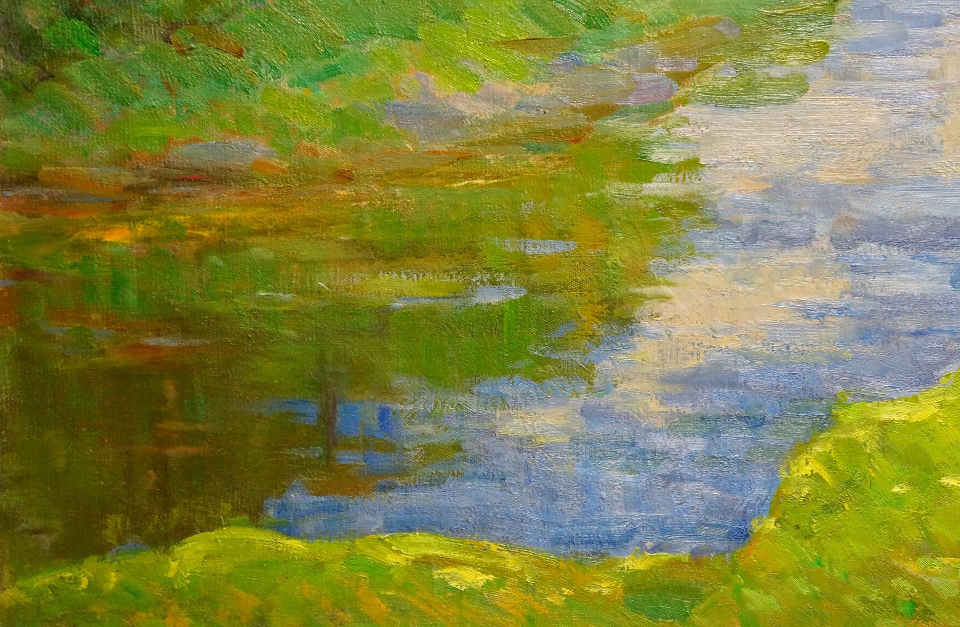 Vibrant impressionist oil painting by Sevastyanov Victor Grigorievich of pond reflecting foliage and sky