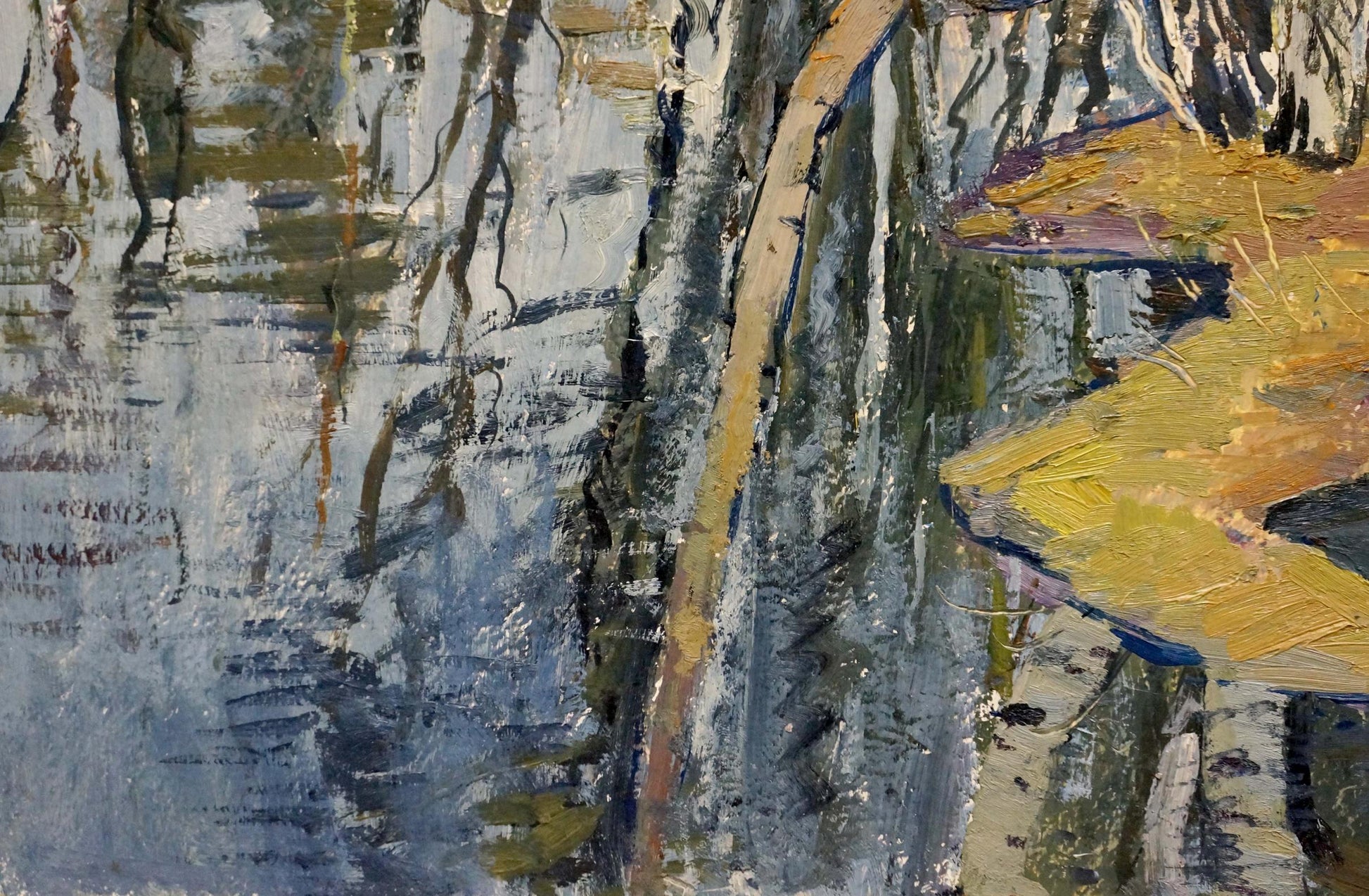 Abstract expressionist oil painting Birches by the water by Shepetovsky Vitaly Yakovlevich with textured brushstrokes in muted blues, grays, and earthy yellows