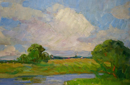 Vibrant impressionist oil painting by Sevastyanov Victor Grigorievich: lush trees, river, sky