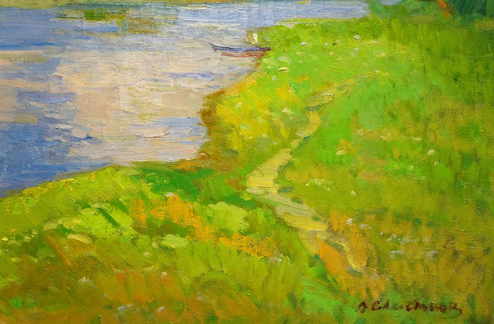 Oil painting by Sevastyanov Victor Grigorievich: dark blue rowboat on grassy bank