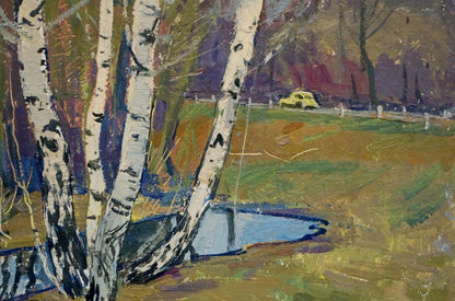Vibrant impressionistic oil painting of birches by the water by Shepetovsky Vitaly Yakovlevich