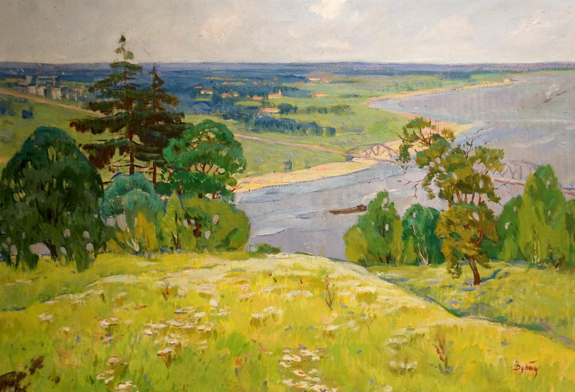 Vibrant impressionist oil painting by Dubish Ivan Ivanovich: river, hills, wildflowers