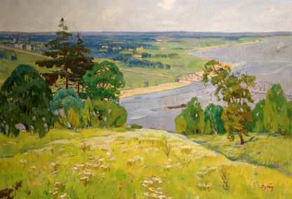 Vibrant impressionist oil painting by Dubish Ivan Ivanovich: river, hills, wildflowers