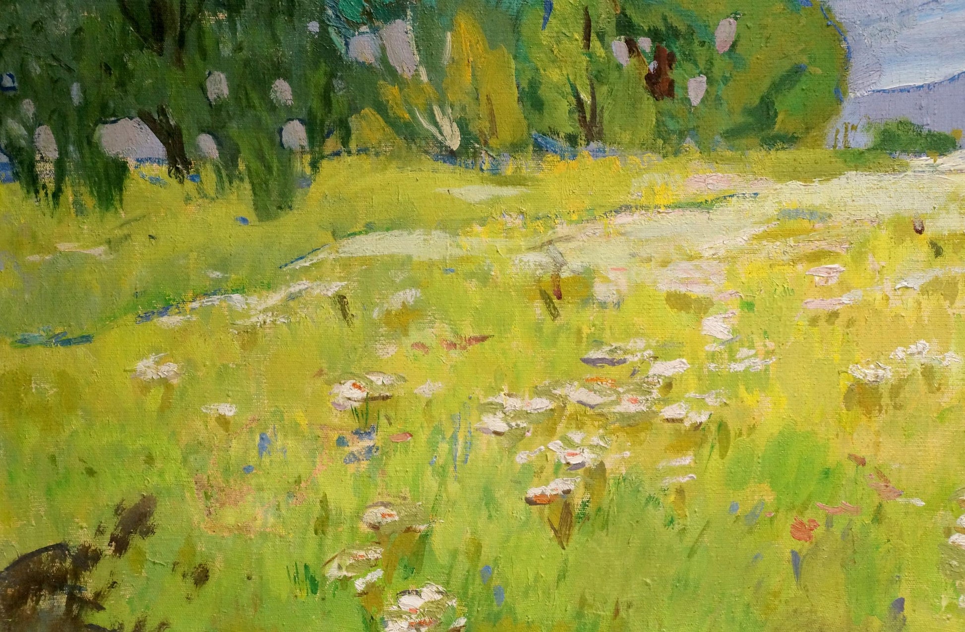 Vibrant impressionist oil painting by Dubish Ivan Ivanovich of sunlit meadow with wildflowers