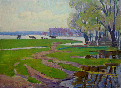 Serene impressionistic oil painting After the Rain by Shepetovsky Vitaly Yakovlevich with grazing cows