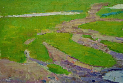 Vibrant green earth-toned abstract landscape oil painting After the Rain by Shepetovsky Vitaly Yakovlevich