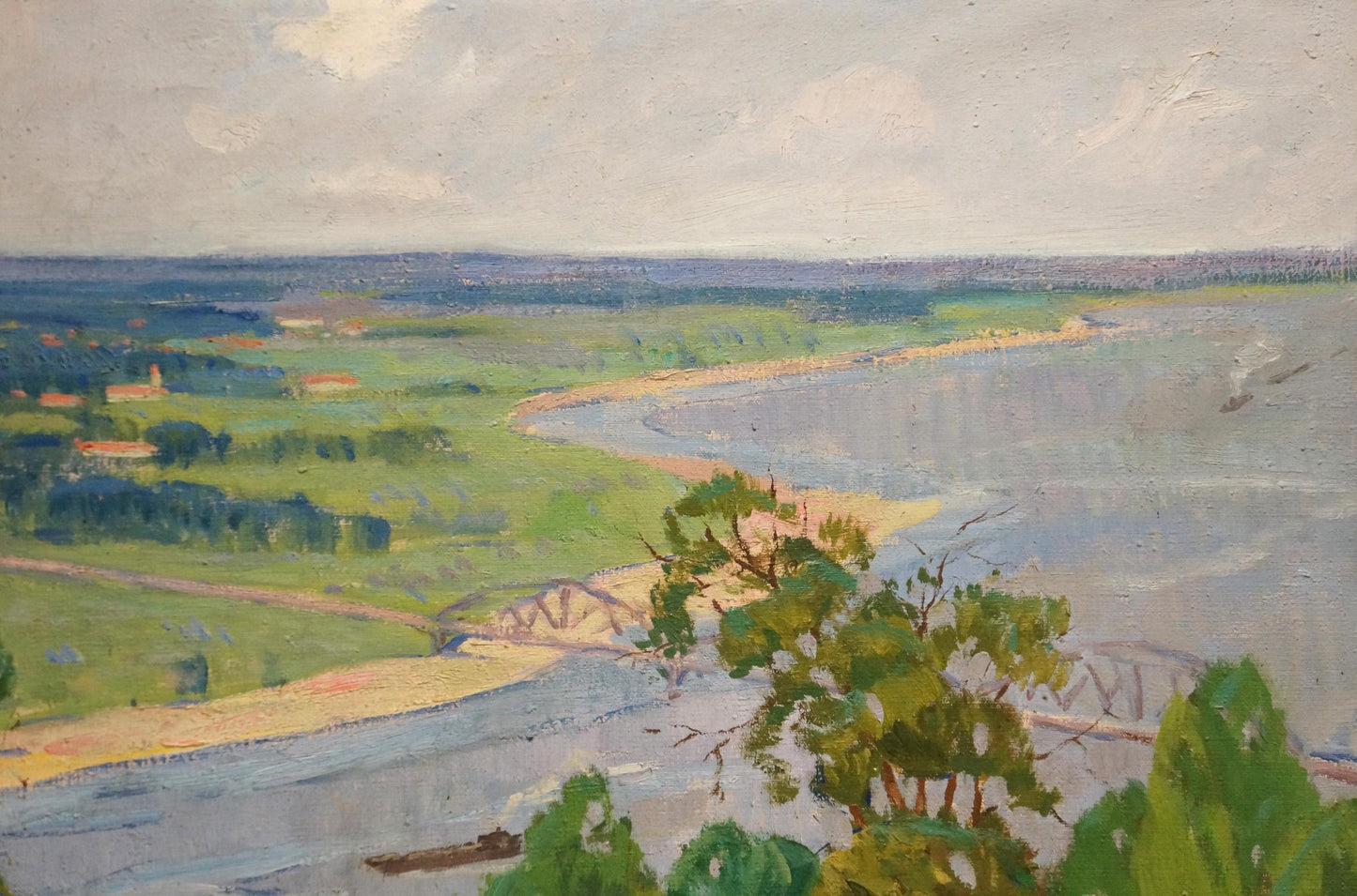 Serene impressionistic oil painting by Dubish Ivan Ivanovich: river, fields, hills