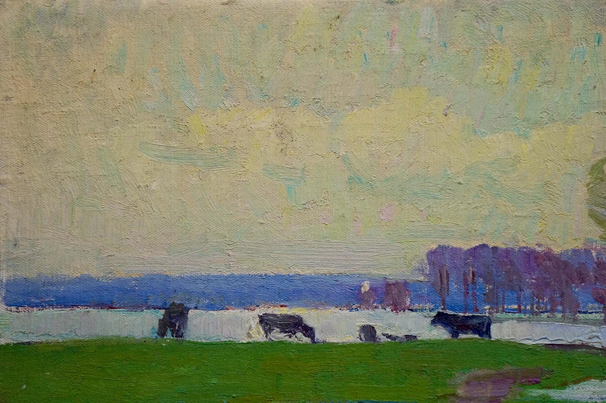 Oil painting After the Rain by Shepetovsky Vitaly Yakovlevich with cows in fields