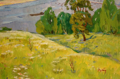 Vibrant impressionist oil painting by Dubish Ivan Ivanovich: sunlit green field with wildflowers