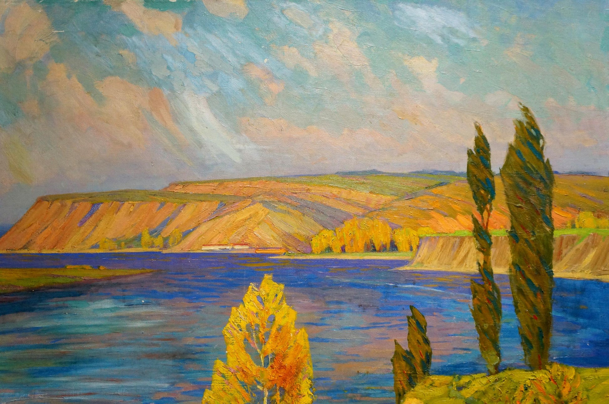 Oil painting Evening landscape by Zlyden Yuri Fedorovich: vibrant river and hills