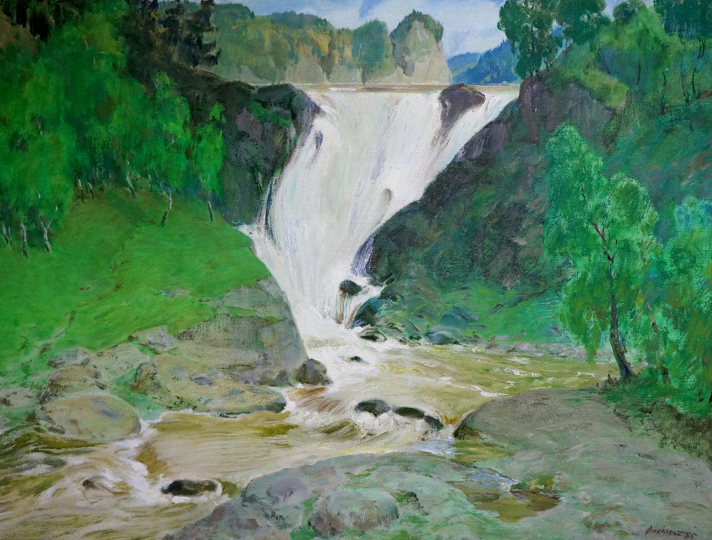 Oil painting of vibrant green forest waterfall by Likholet Alexei Kirillovich
